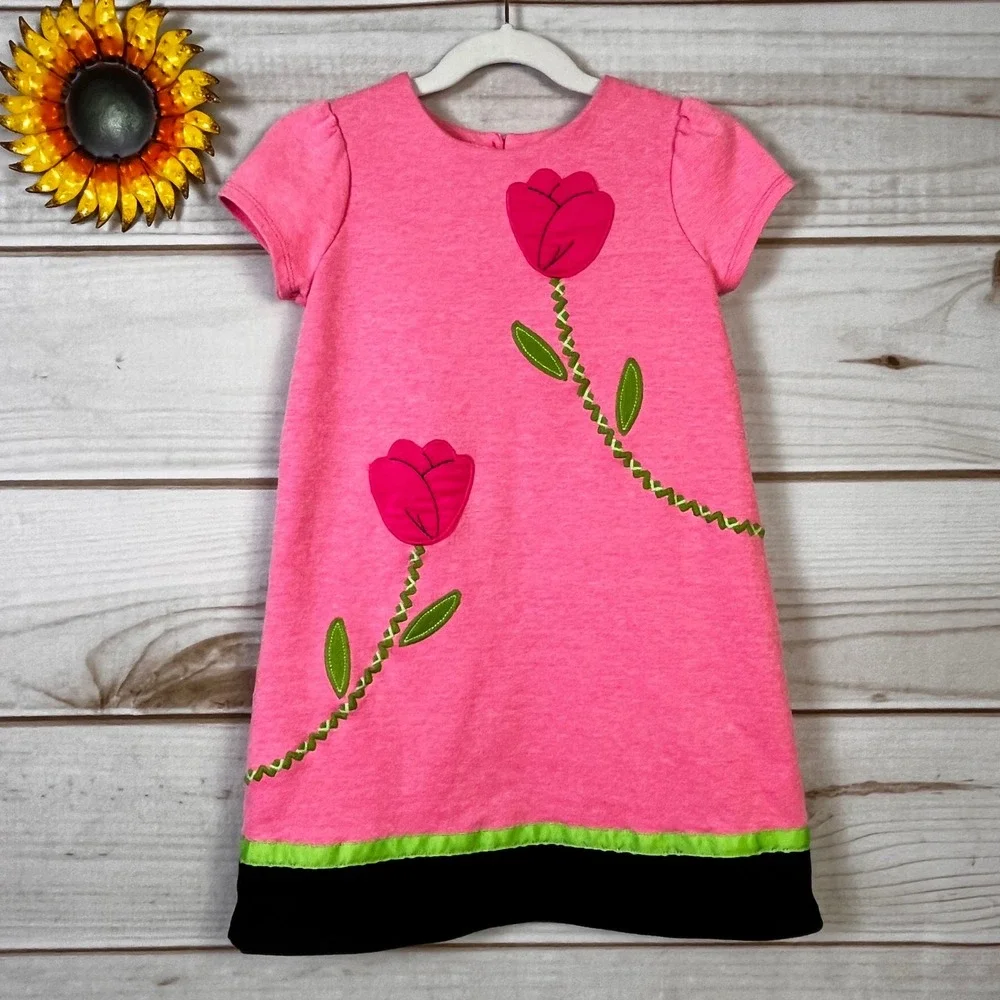 Hartstrings Kids Pink Tulip Floral Applique Knit Dress 5 Short Slv Spring